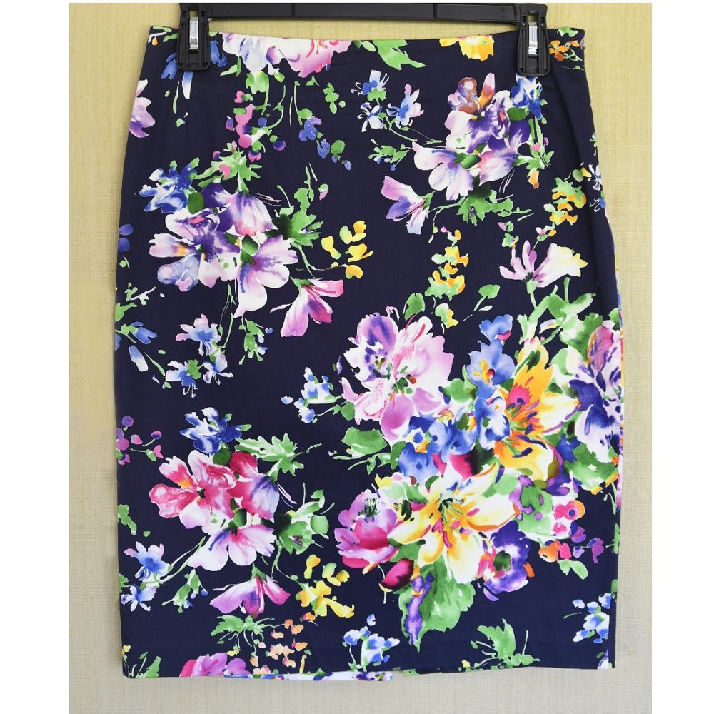 Ralph Lauren Flowered Pencil Skirt, Dark Navy with Multicolored Flowers, NWOT